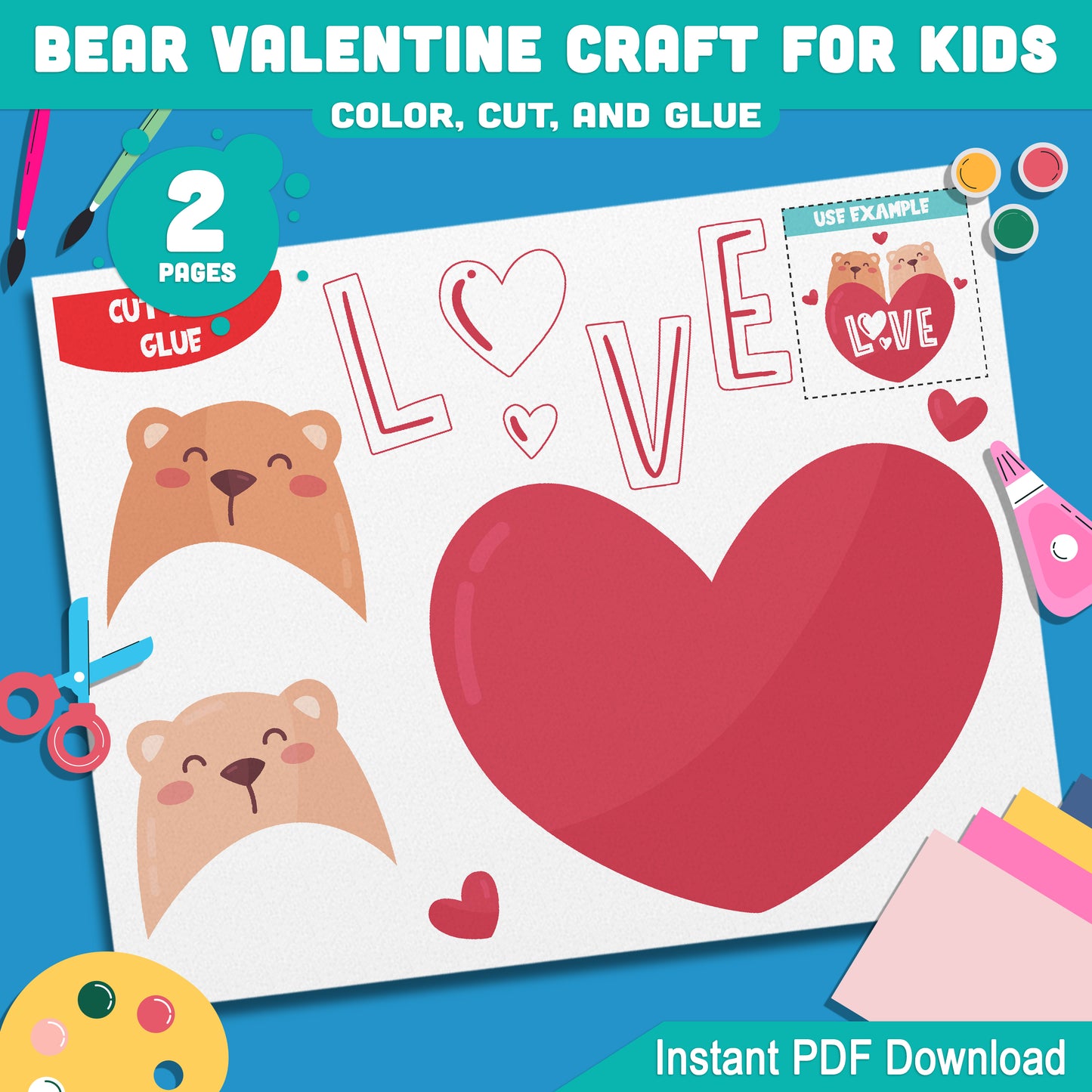 Kids' Valentine Bear Craft: Fun Color, Cut, and Glue Activity for PreK to 2nd Grade, Perfect for Holidays at Home or School, Instant PDF