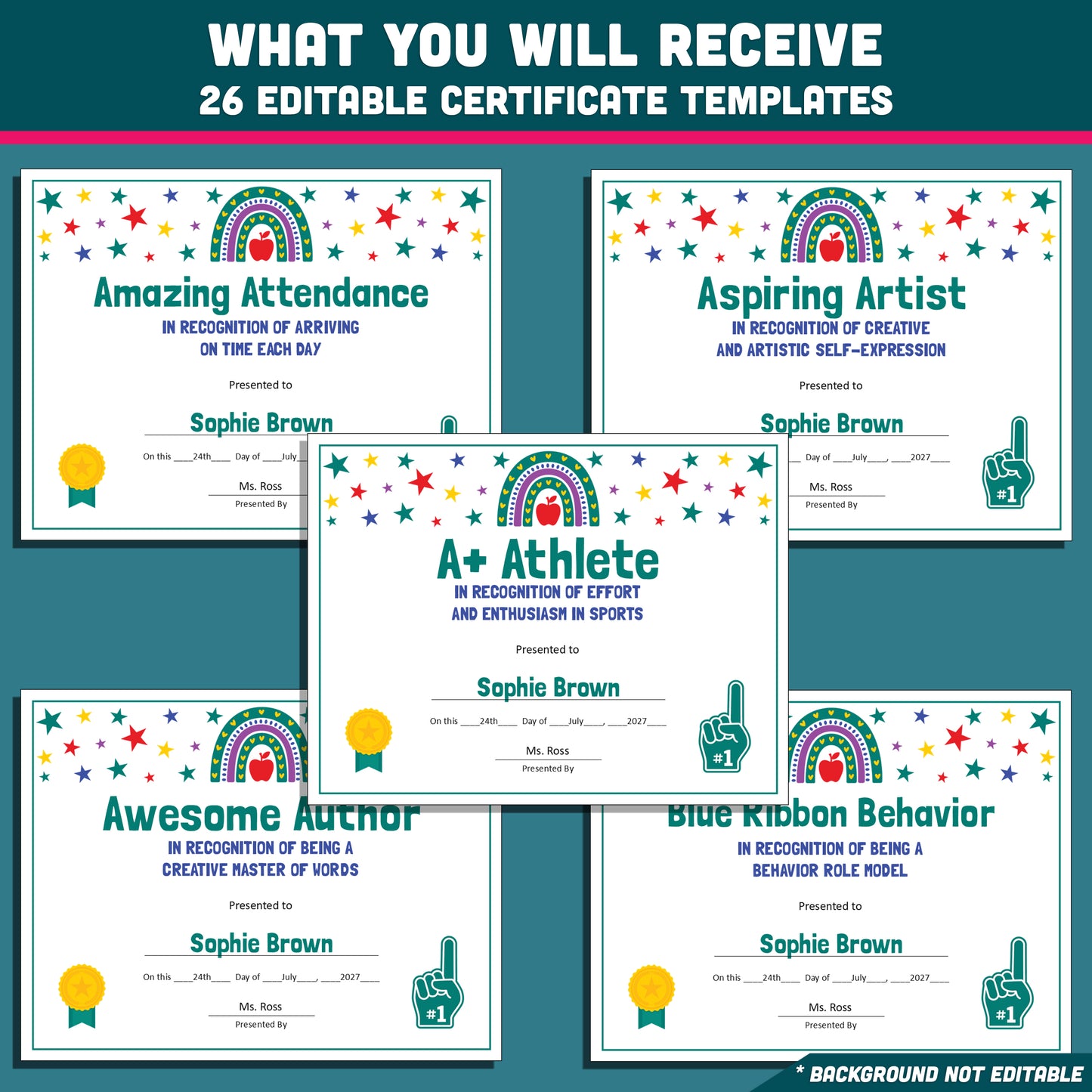 Editable End-of-Year Superlative Awards, Personalized Classroom Honors, Rainbow and Star Themed Certificates, PowerPoint