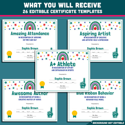 Editable End-of-Year Superlative Awards, Personalized Classroom Honors, Rainbow and Star Themed Certificates, PowerPoint