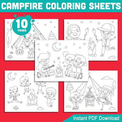 Campfire Coloring Sheets for Kids: 10 Printable Activities with Forest Scenes, Marshmallows, and Cozy Campfire Fun – Instant Download