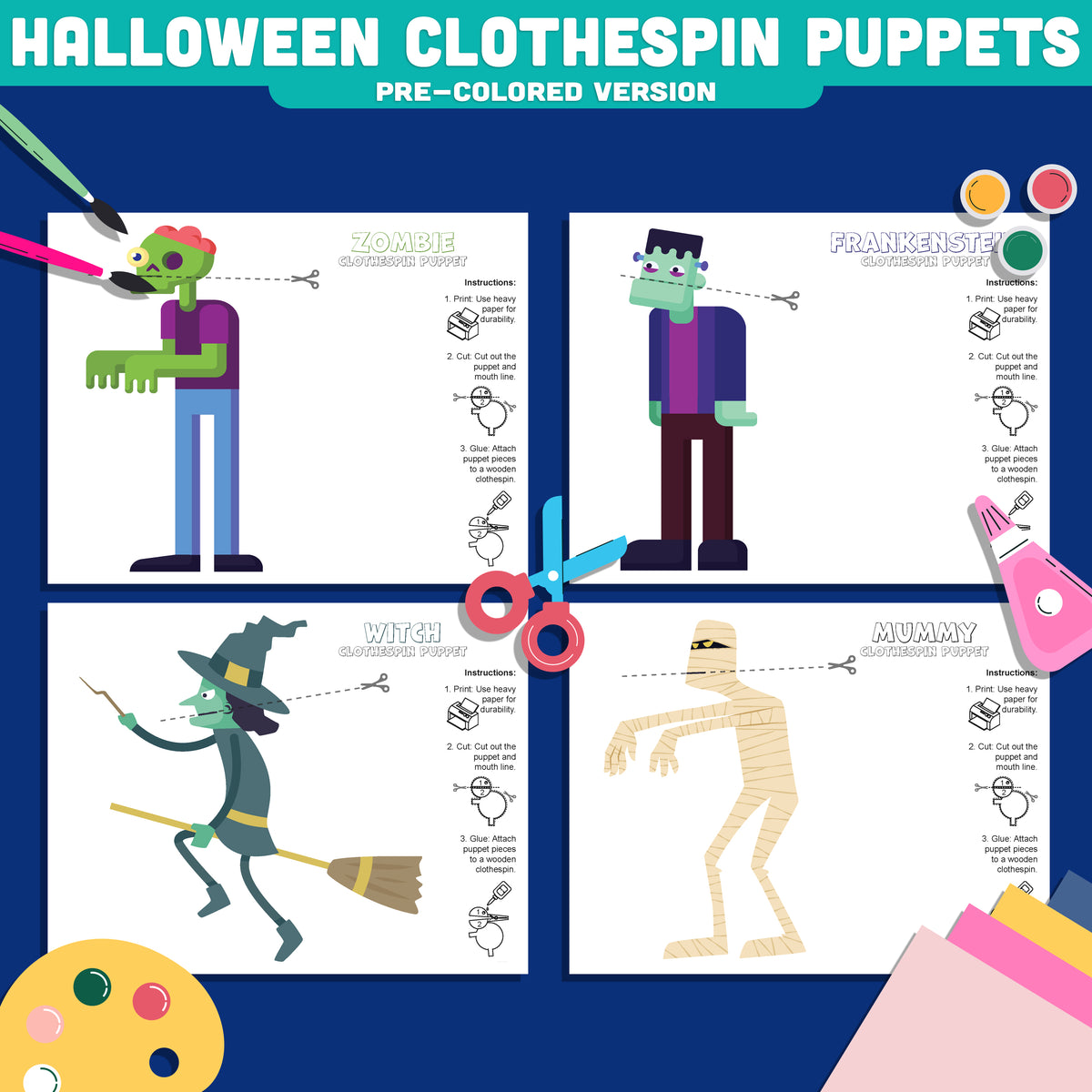 Halloween Fine Motor Craft, Printable Clothespin Puppets, Zombie, Mummy, Witch and Frankenstein