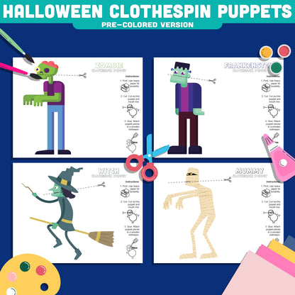 Halloween Fine Motor Craft, Printable Clothespin Puppets, Zombie, Mummy, Witch and Frankenstein