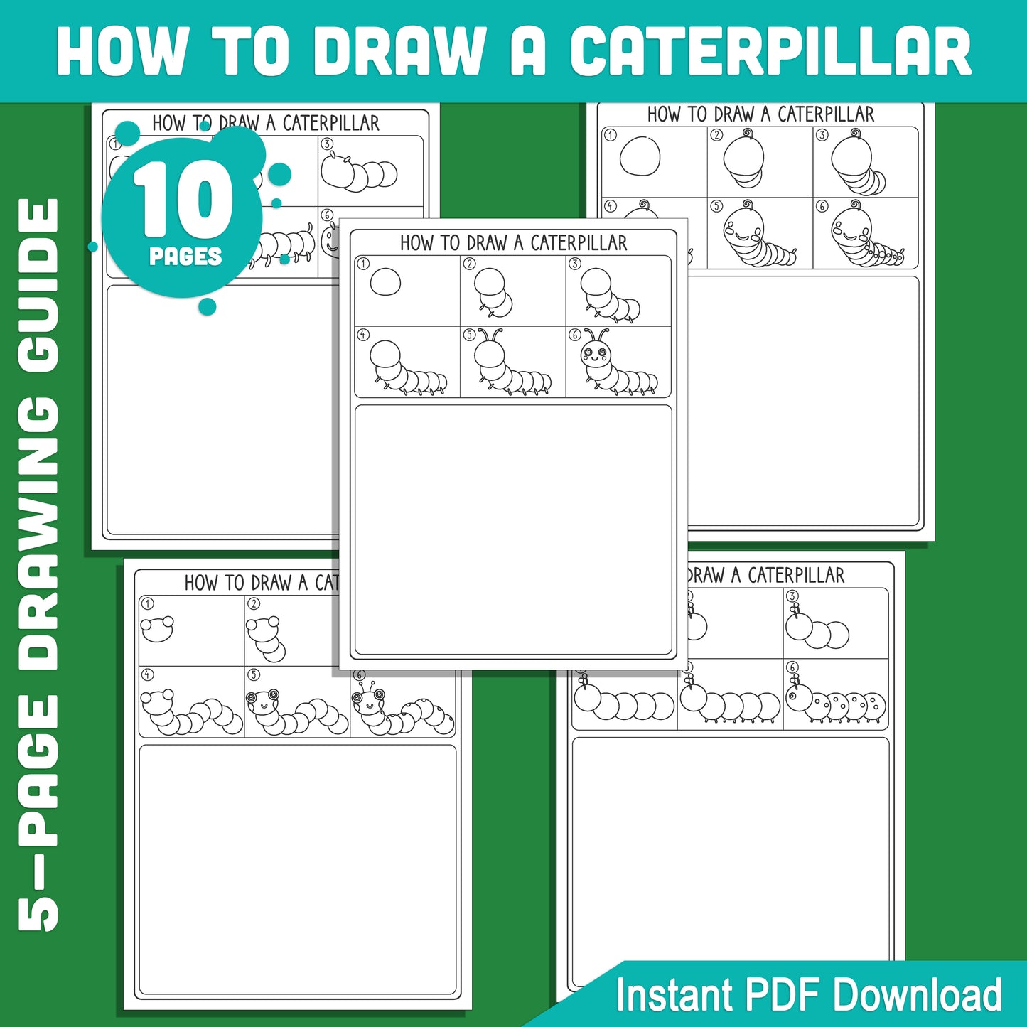 Learn to Draw a Caterpillar for Kids: 5-Step Tutorial and 5 Coloring Pages, Fun Spring Craft and Art Project, Instant PDF Download.