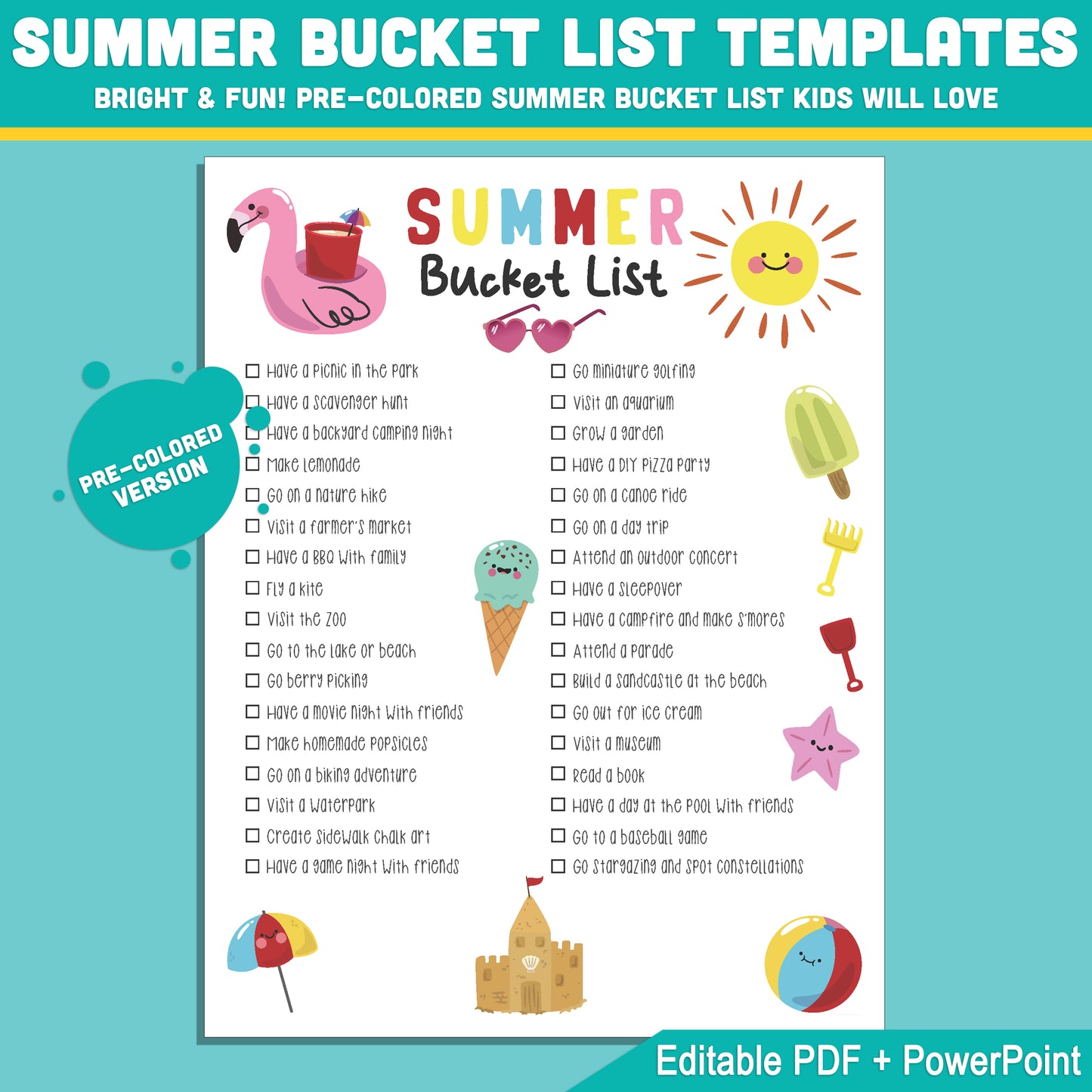 Editable Summer Bucket List for Kids: Printable Planner with Activities, Blank Pages, Color & Black & White, 8.5x11", Instant Use