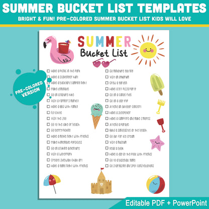 Editable Summer Bucket List for Kids: Printable Planner with Activities, Blank Pages, Color & Black & White, 8.5x11", Instant Use