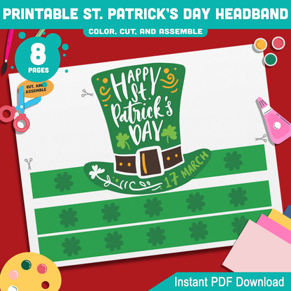 Printable St. Patrick’s Day Headband and Crown Hat Crafts for Kids, Lucky Leprechaun Shamrock Paper Wearable Set, Party Play Activity, Pre-color + Black & White PDF