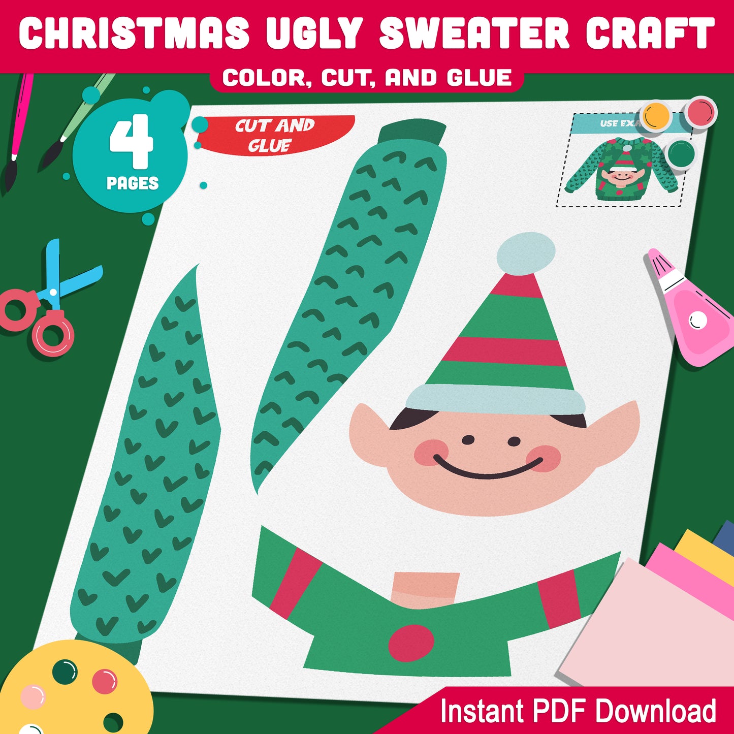 Holiday Ugly Sweater Craft for Kids: Creative Christmas Template for PreK to 2nd Grade, Fun Color, Cut, and Glue PDF Activity, Instant Download