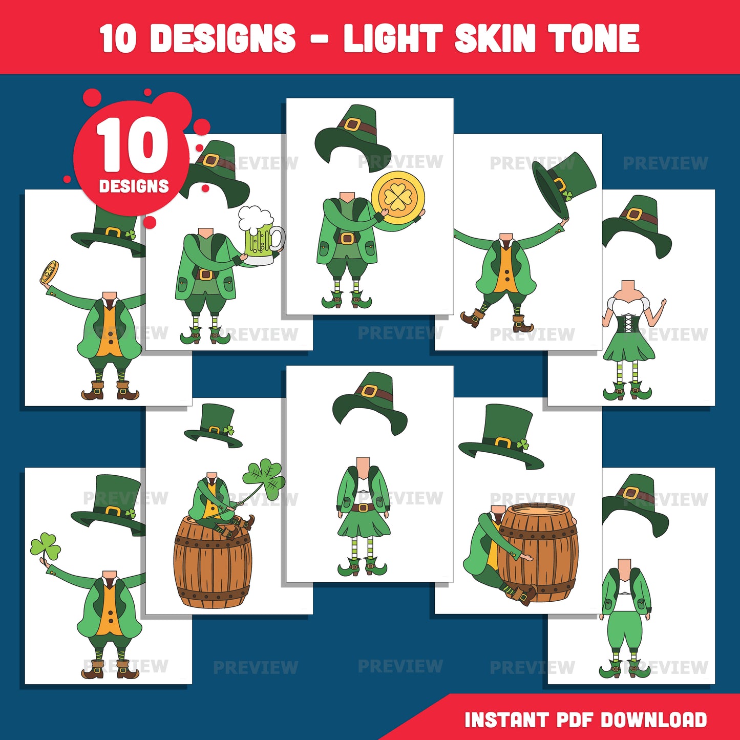 St. Patrick’s Day Body Templates – Leprechaun Add Your Own Face Craft for Kids, Printable Coloring Clip Art
