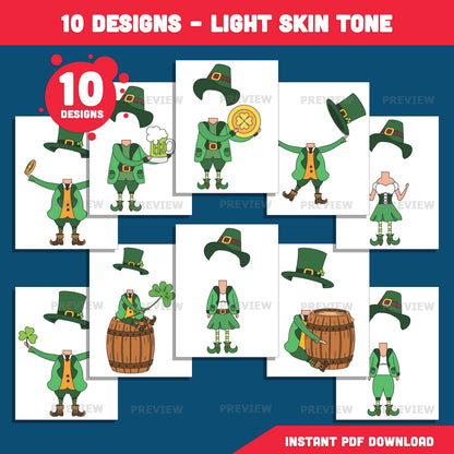 St. Patrick’s Day Body Templates – Leprechaun Add Your Own Face Craft for Kids, Printable Coloring Clip Art