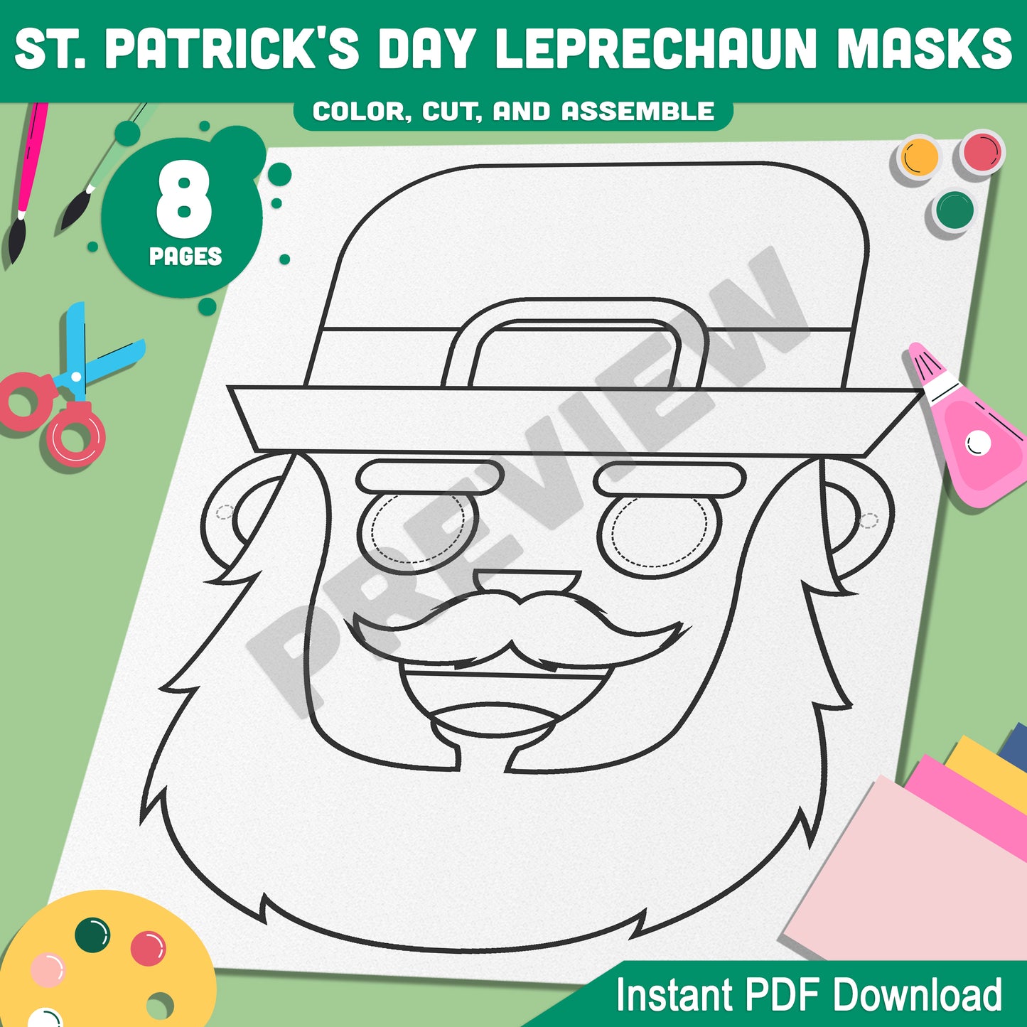 St. Patrick's Day Craft for Kids: Leprechaun Mask Templates with 4 Festive Designs to Color, Cut, and Assemble, Instant Download, PDF File