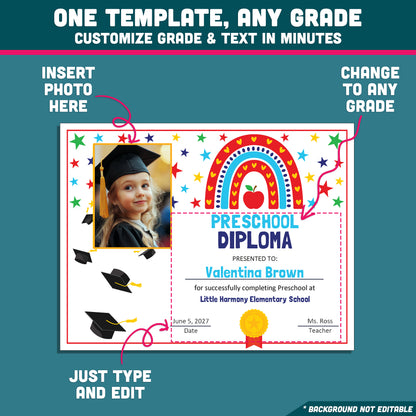 Editable Preschool Graduation Diploma Templates, Printable Student Keepsakes, PDF and PowerPoint, Pre-K to 8th & Beyond