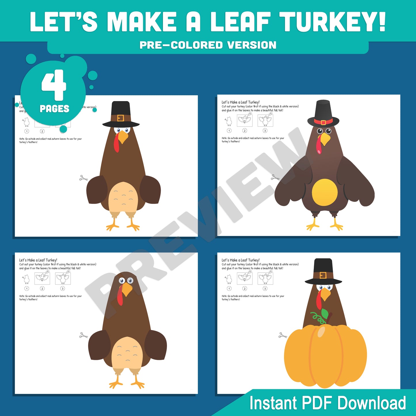 Printable Autumn Leaf Turkey Crafts, Thanksgiving Paper Craft Templates, Let’s Make a Colorful Turkey with Real Fall Leaves! 4 Designs, 8 Pages, PDF