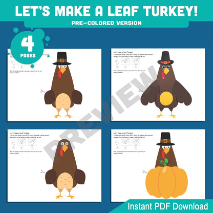 Printable Autumn Leaf Turkey Crafts, Thanksgiving Paper Craft Templates, Let’s Make a Colorful Turkey with Real Fall Leaves! 4 Designs, 8 Pages, PDF
