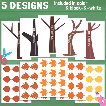 Gratitude Tree Template: DIY Craft for Kids, 5 Printable Designs (Color + Black & White), Fun Thanksgiving Activity, Instant Download