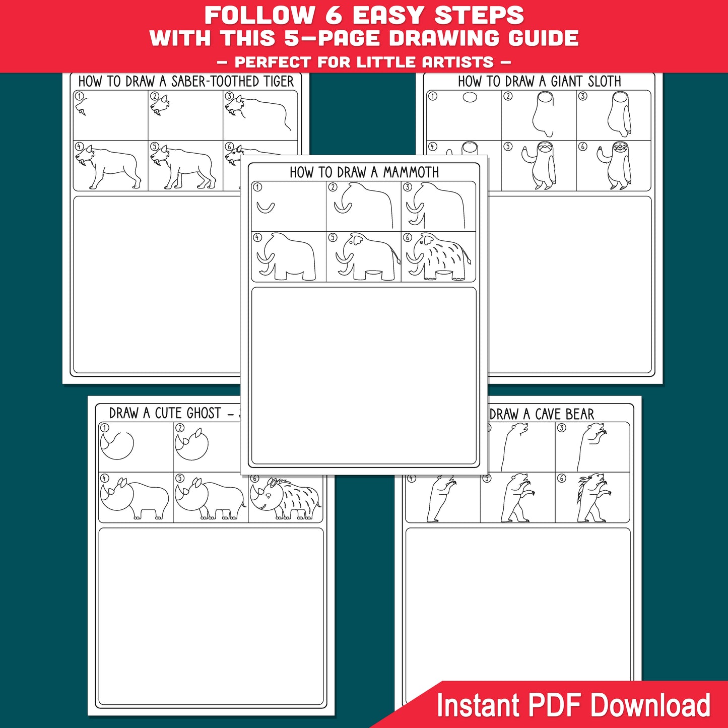 Prehistoric Animals Directed Drawing Worksheets, Mammoth, Saber-Toothed Tiger, Giant Sloth, Woolly Rhino, Cave Bear for Kids