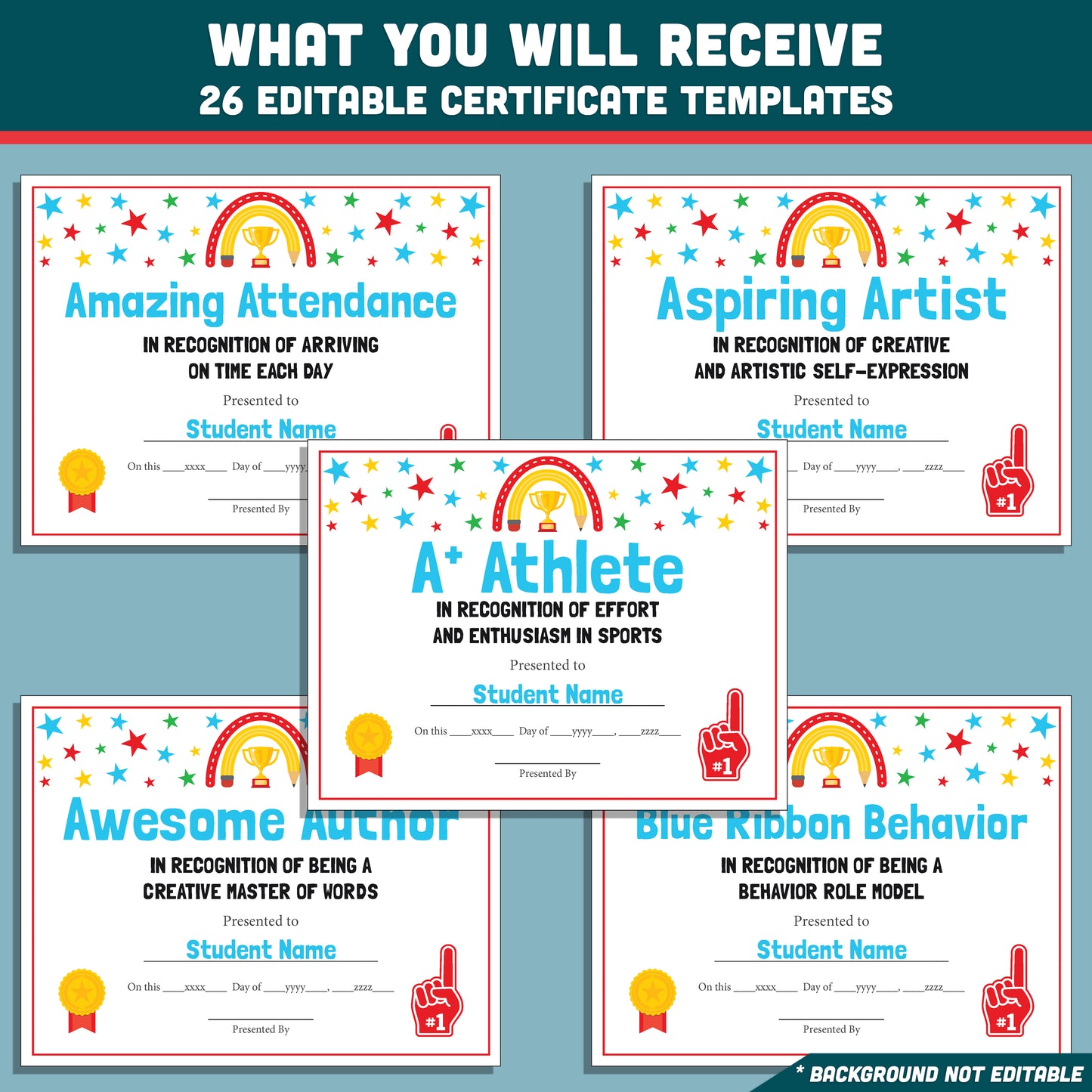 Editable Classroom Awards, Printable Certificates Bundle, 26 Student Recognition Designs, Classroom Celebration Pack, Teacher Friendly Resource