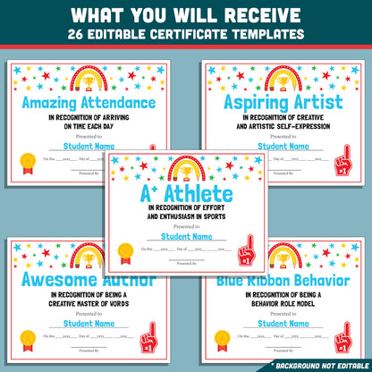 Editable Classroom Awards, Printable Certificates Bundle, 26 Student Recognition Designs, Classroom Celebration Pack, Teacher Friendly Resource