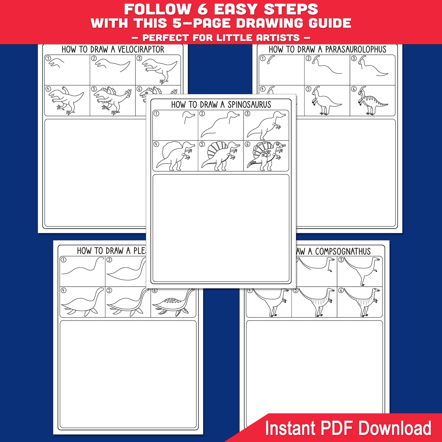 How to Draw Dinosaurs Step-by-Step Printable Drawing Tutorial for Kids + Coloring