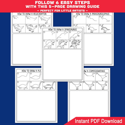 How to Draw Dinosaurs Step-by-Step Printable Drawing Tutorial for Kids + Coloring