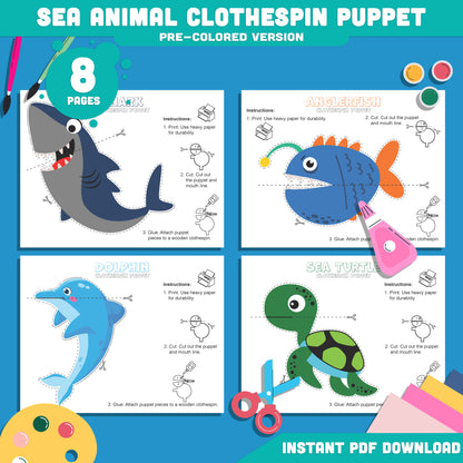 Sea Animal Puppets Craft: 8-Page Clothespin Printable with 4 Designs in Pre-Colored & Black & White Versions for Fun Playtime Activities