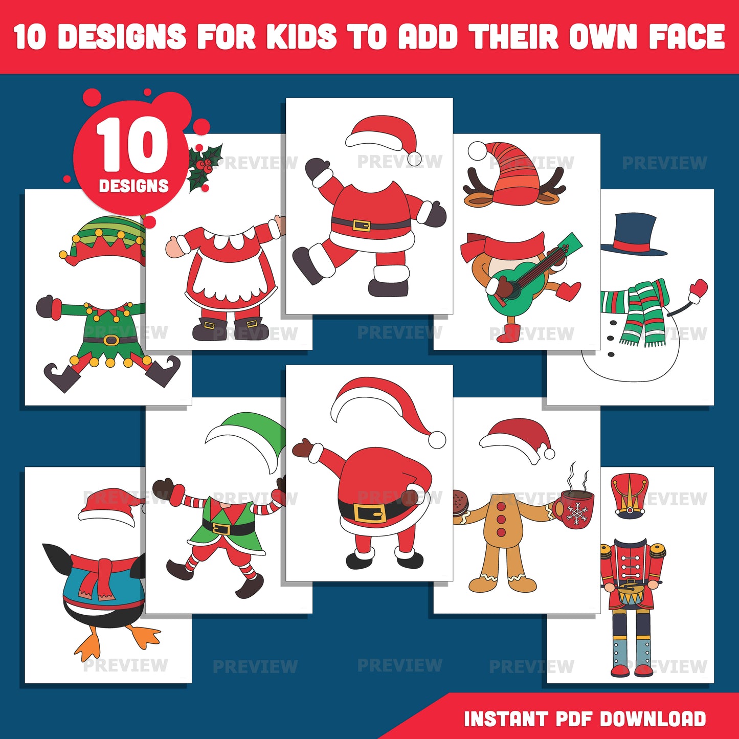 Christmas Family Add Your Photo Crafts (Santa, Mrs. Santa, Reindeer, Gingerbread Man, Snowman, Elf, Nutcracker, Penguin) – Add-Your-Face Winter Templates, PDF + PNG Files