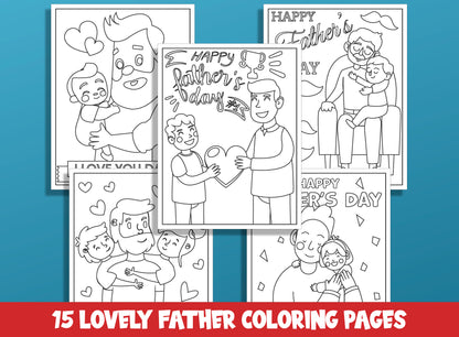 Lovely Father's Day Coloring Pages: 15 Sheets for Kids, Boys, Girls, and Teens - Ideal Gift for Daddy or Grandpa - PDF Instant Download