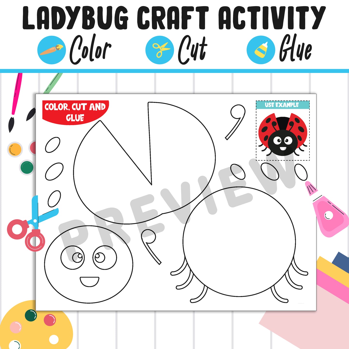 Ladybug Paper Craft Activity - Color, Cut, and Glue for PreK to 2nd Grade, PDF File, Instant Download