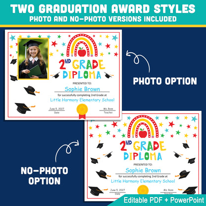 Editable 2nd Graduation Diploma & Certificate Set, Printable Rainbow Stars Awards, Photo and No-Photo Options, PDF, PowerPoint, Canva