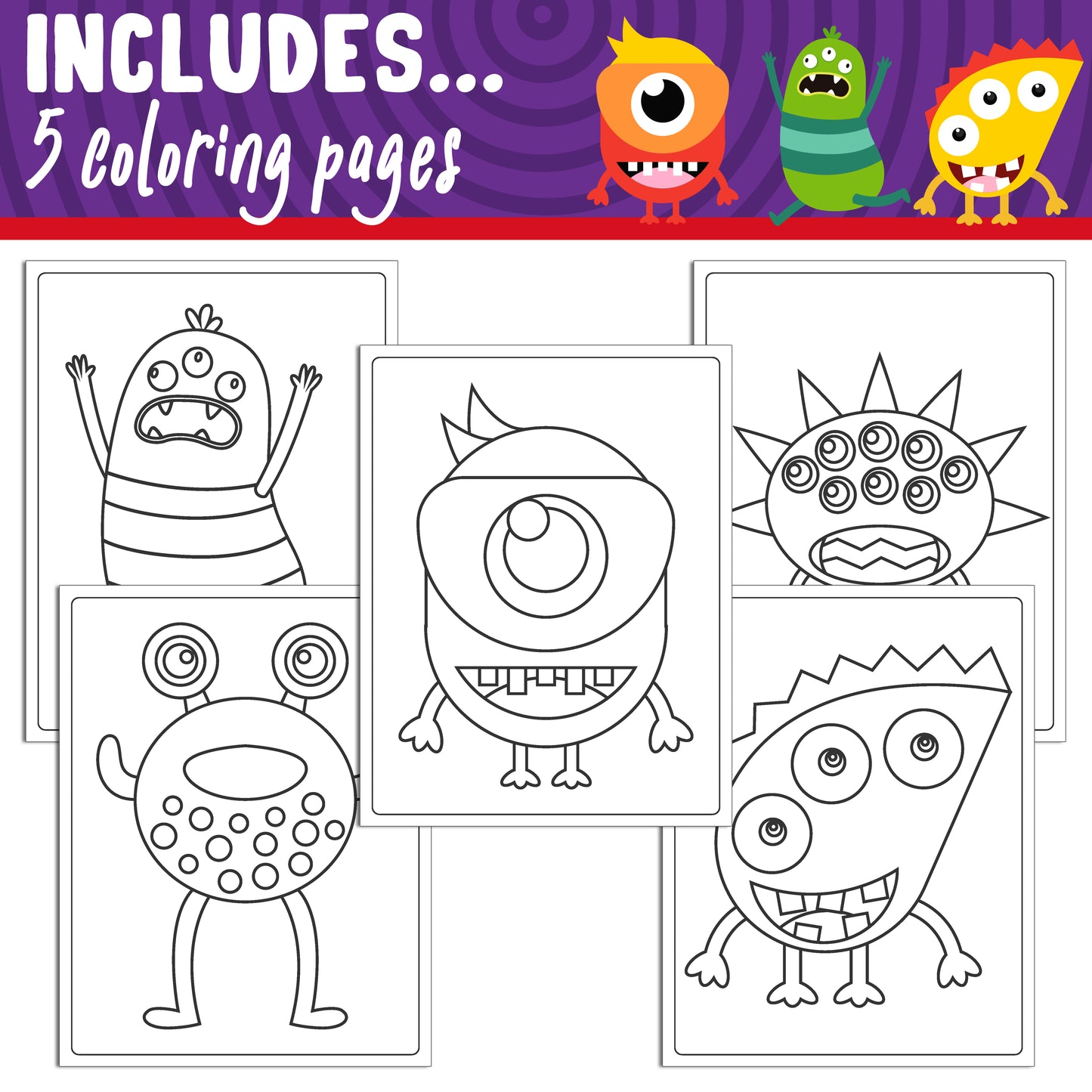 Learn How to Draw a Monster Easy: Directed Drawing Step by Step Tutorial, Includes 5 Coloring Pages, PDF File, Instant Download.