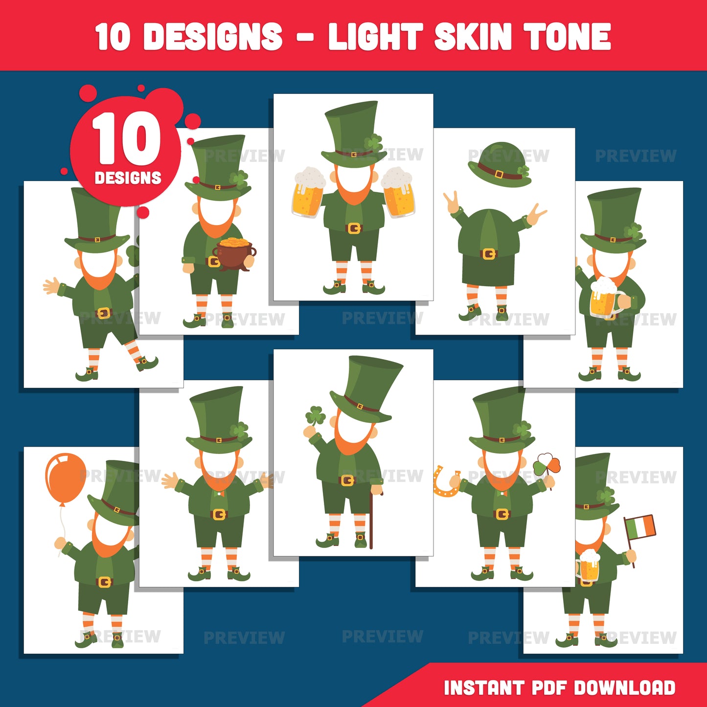 Custom Leprechaun Body Templates, Add Your Own Face Craft for Kids, Coloring Version Included, St. Patrick’s Day Clip Art