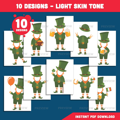 Custom Leprechaun Body Templates, Add Your Own Face Craft for Kids, Coloring Version Included, St. Patrick’s Day Clip Art
