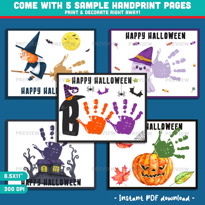 Happy Halloween Handprint Crafts, 5 Printable Designs, 8.5x11", Stamp & Decorate Little Hands into Spooky Halloween Art, PDF Instant Download