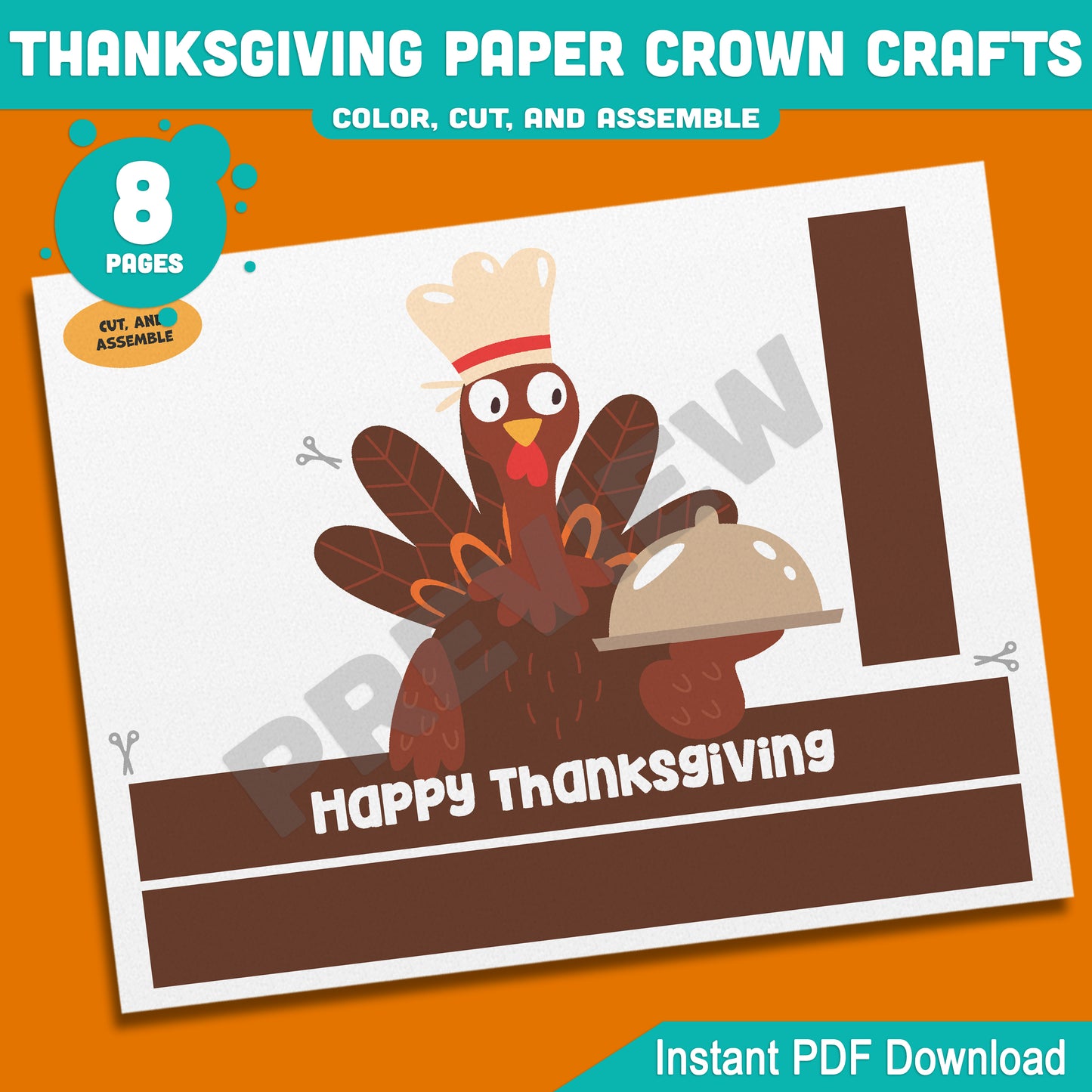 Printable Happy Thanksgiving Paper Crown Crafts, Fall Hat & Autumn Headband Activity for Kids, Party Paper Hat, 4 Designs, Pre-color + Black & White, PDF