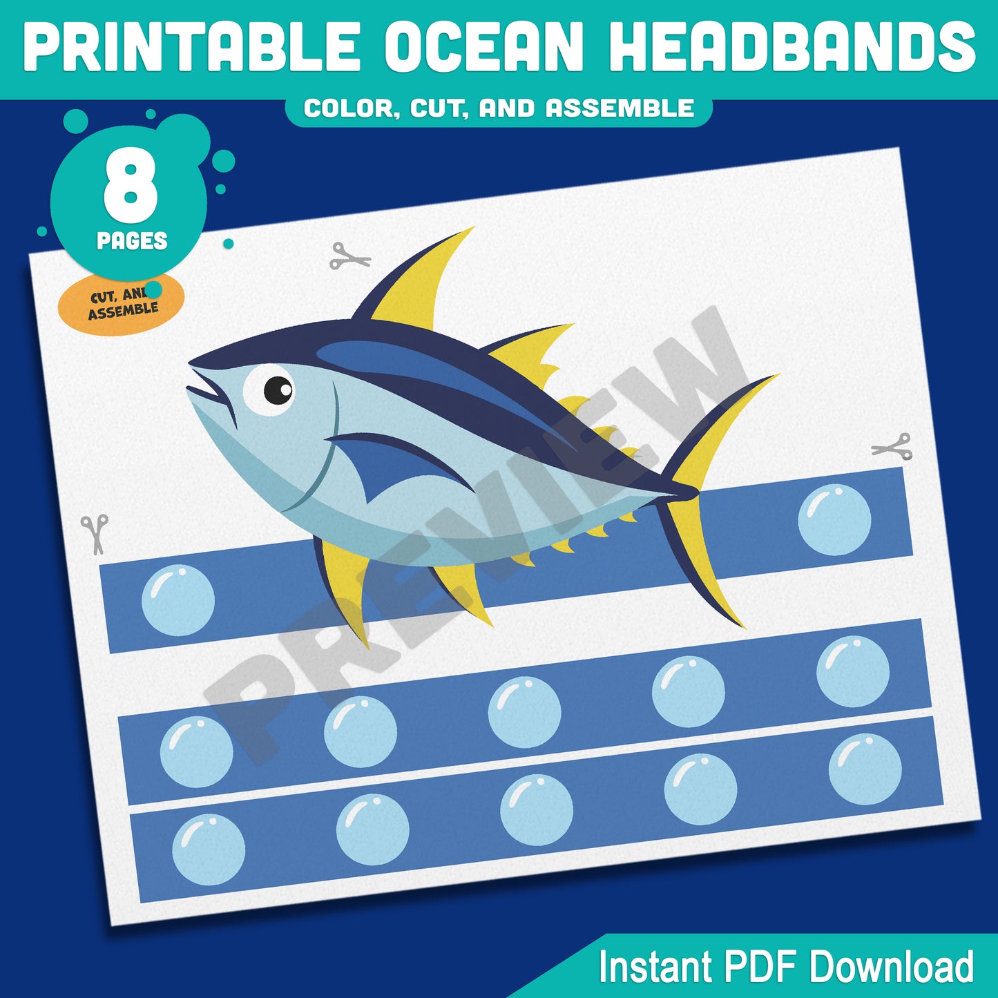 Printable Ocean Headbands Yellow Fin Tuna Orca Killer Whale Narwhal Sailfish Crown Hat Activity, Color Cut and Wear, Pre-color + Black and White