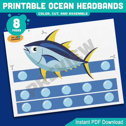 Printable Ocean Headbands Yellow Fin Tuna Orca Killer Whale Narwhal Sailfish Crown Hat Activity, Color Cut and Wear, Pre-color + Black and White
