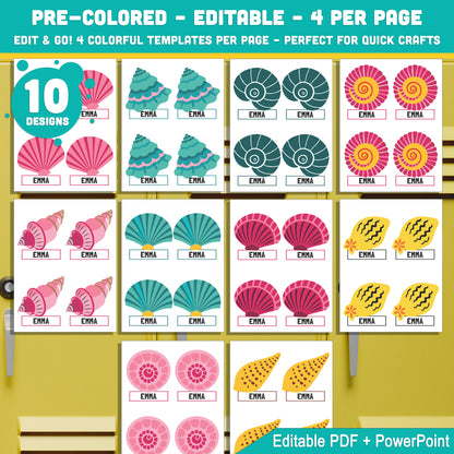Editable Locker Labels (Cubby Name Tags), Sea Shell Themed, 8.5x11", 4 Per Page, PDF + PowerPoint, Instant Download, 40 Pages
