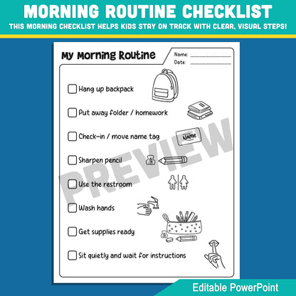 Editable Morning and Afternoon Routine Checklist – Custom Task Charts for Individual Students, PowerPoint, Visual Daily Organizer, 2 Pages