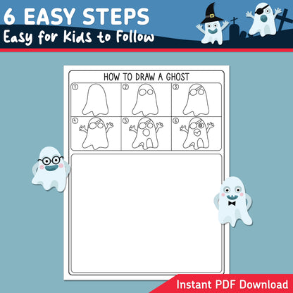 How to Draw a Ghost, Halloween Directed Drawing, Step-by-Step Art Activity for Kids, 6 Simple Steps, 5 Coloring Pages, A4, US Letter PDF
