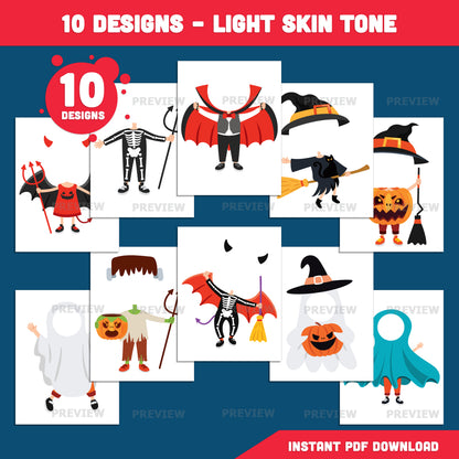Halloween Body Templates, Face-Inspired Paper Craft, Fall Season Activity, 10 Designs, Light & Dark Skin, High-Resolution PDF + PNG, Coloring Included