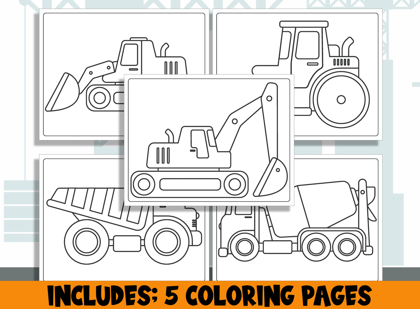 Learn How to Draw Construction Vehicles (Excavator, Dump Truck, Cement Mixer Truck, Bulldozer, Road Roller), Step by Step + 5 Coloring Pages