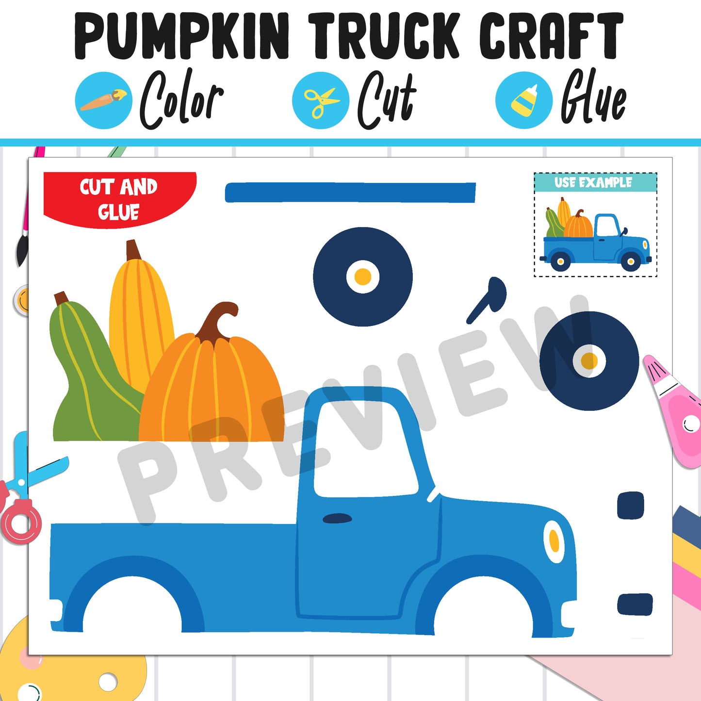 Pumpkin Truck Craft for Kids: Color, Cut, and Glue, a Fun Activity for Pre K to 2nd Grade, PDF Instant Download