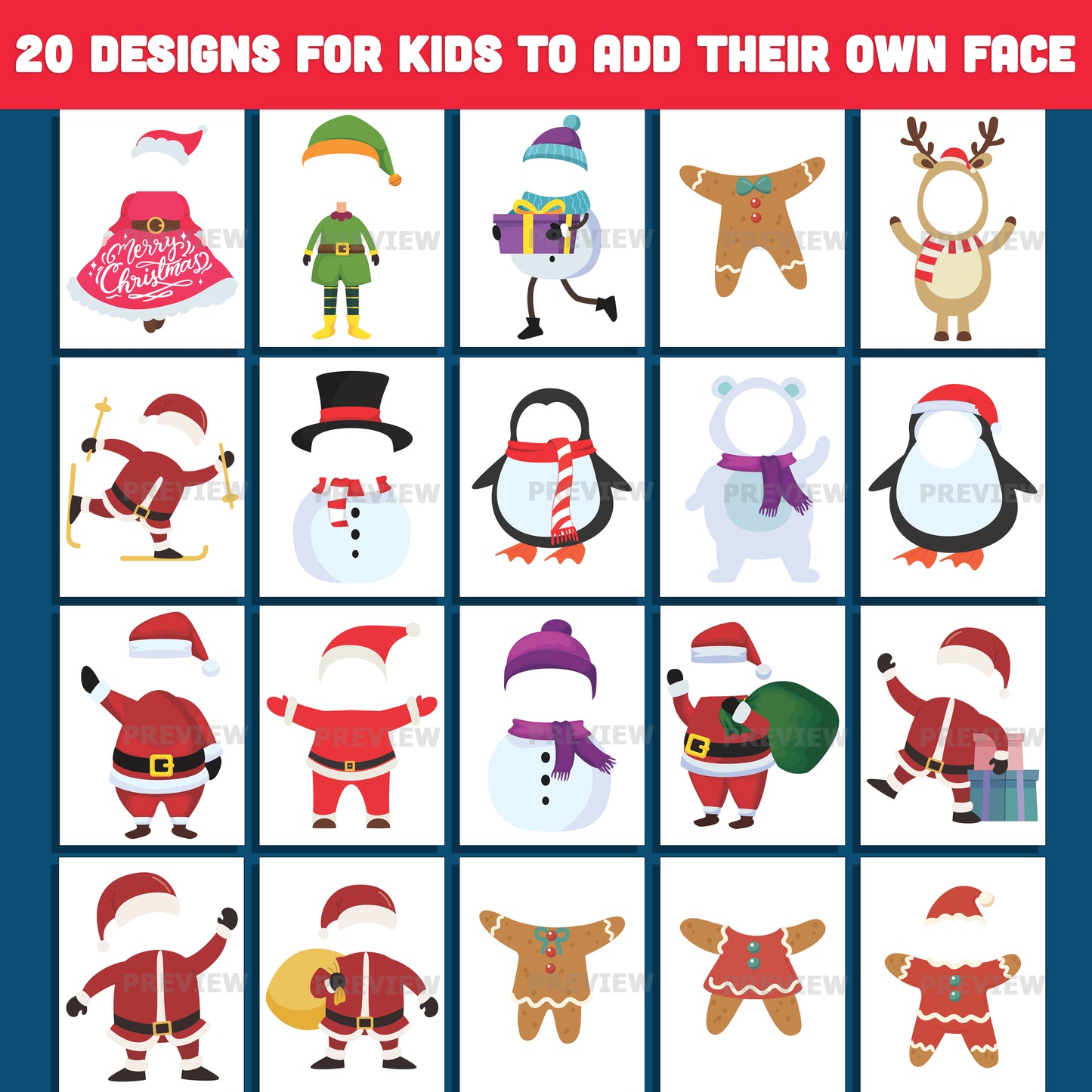 Christmas Add Your Face Crafts – Fun Holiday Printable Body Templates, 20 Designs, High-Resolution PDF + PNG Files for Parties, Class Projects, and Home Crafting