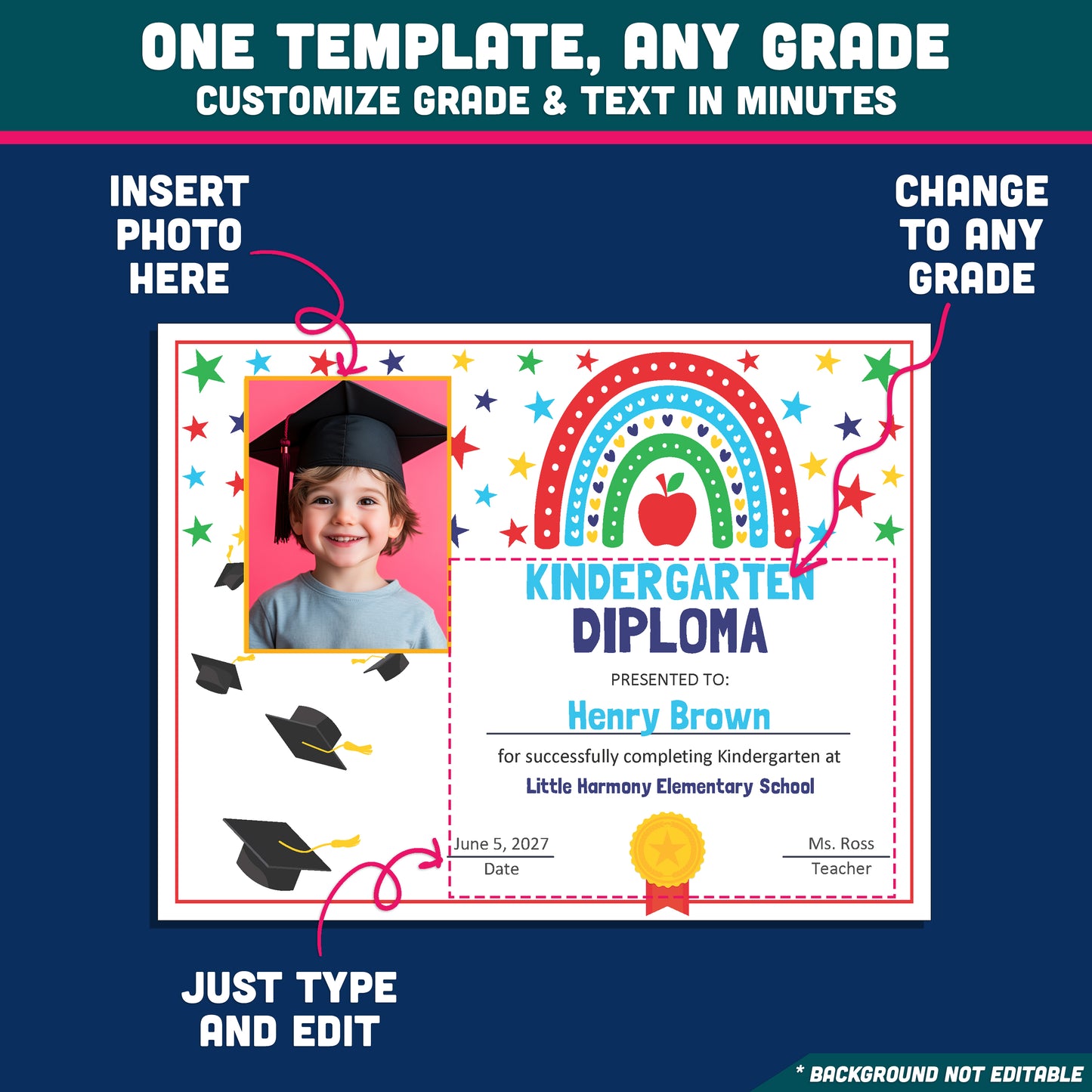 Editable Kindergarten Graduation Diplomas, Printable Rainbow Awards, Diploma or Certificate, PDF and PowerPoint, Any Grade