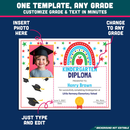 Editable Kindergarten Graduation Diplomas, Printable Rainbow Awards, Diploma or Certificate, PDF and PowerPoint, Any Grade