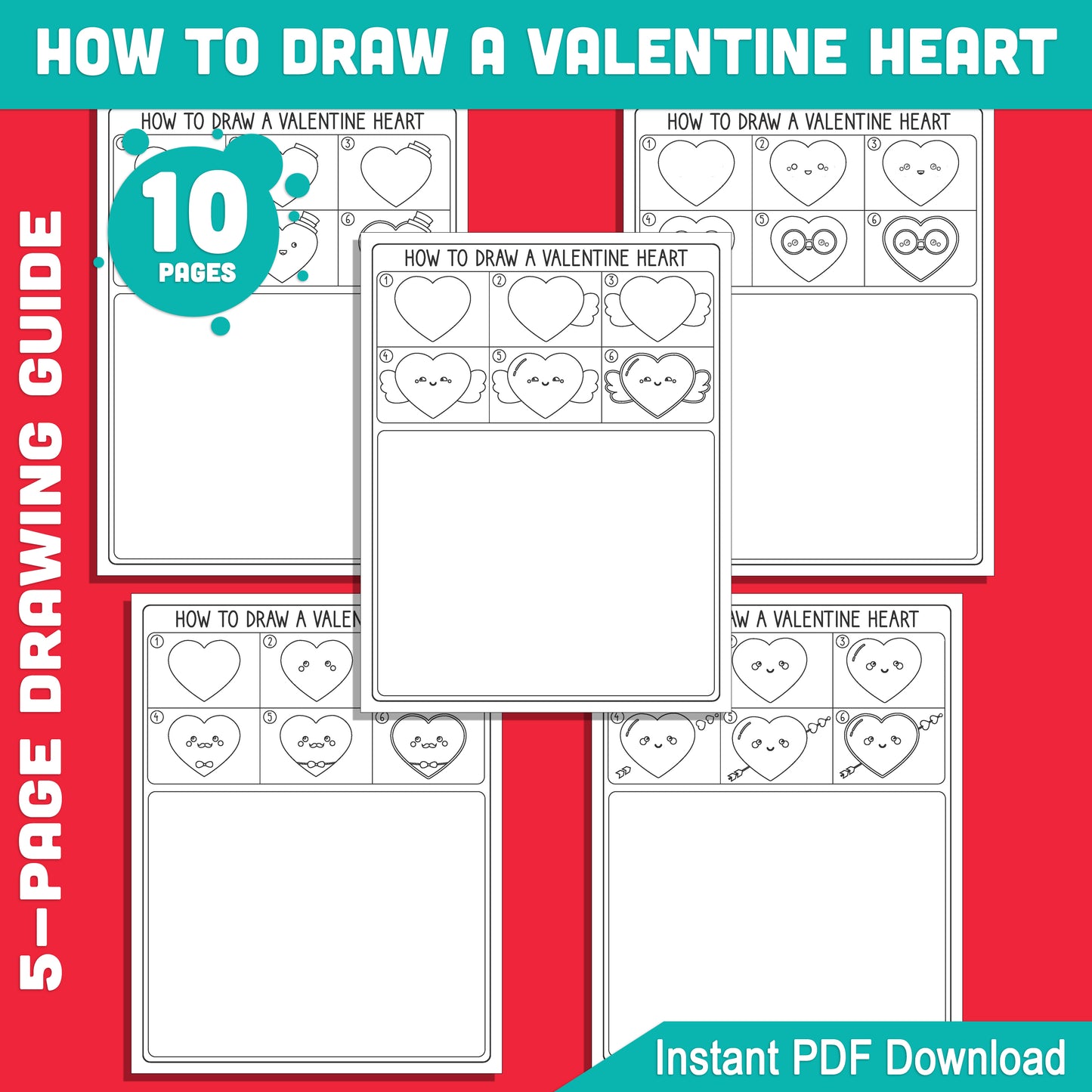 Valentine Heart Drawing Guide: 5 Pages of 6-Step Tutorials + 5 Coloring Sheets, Creative Fun for Kids and Beginners, PDF Instant Download