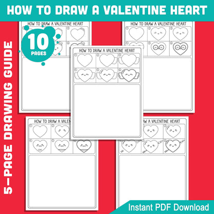 Valentine Heart Drawing Guide: 5 Pages of 6-Step Tutorials + 5 Coloring Sheets, Creative Fun for Kids and Beginners, PDF Instant Download