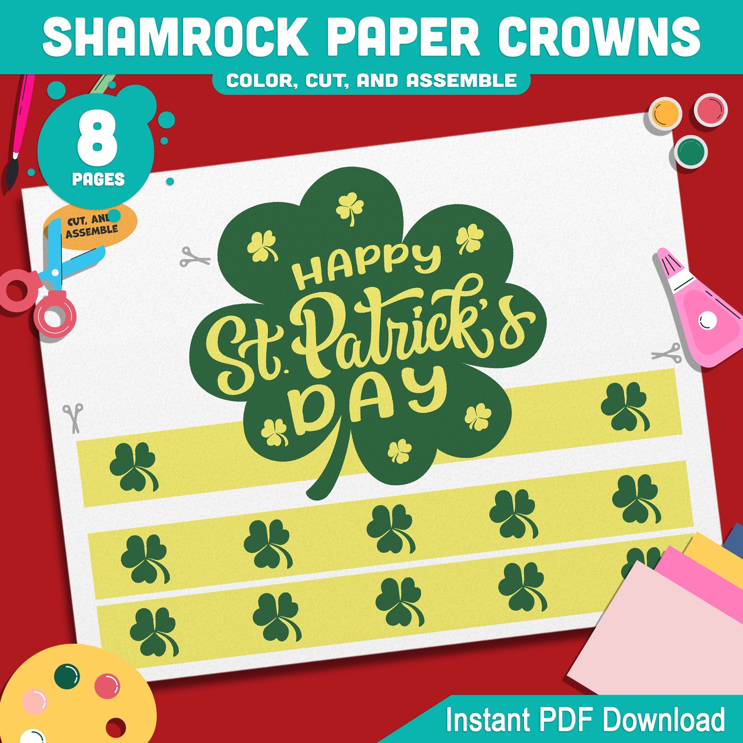 Shamrock Paper Crowns – St. Patrick’s Day Printable Headband Craft for Kids, Lucky Leprechaun Crown, School Party Paper Hat, Pre-color + Black & White