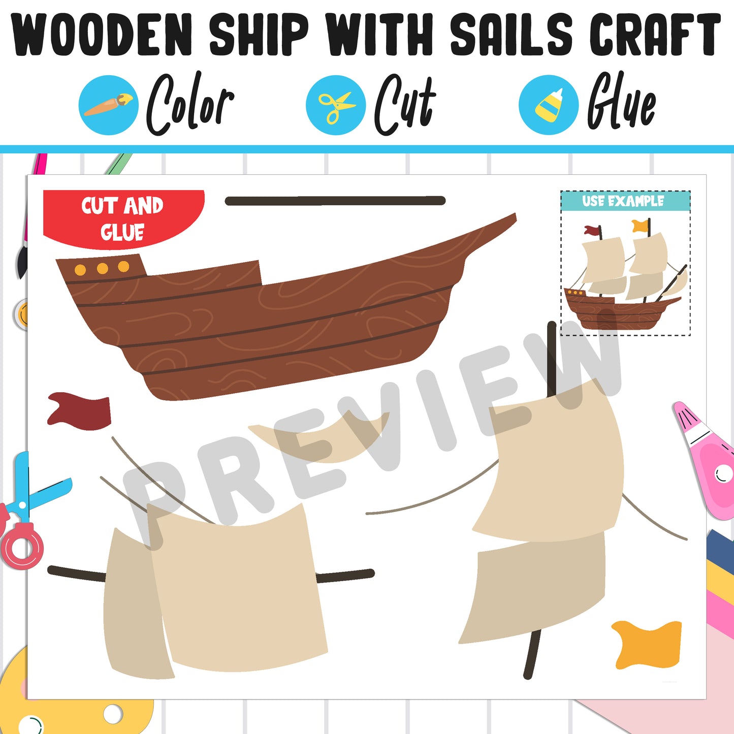 Wooden Ship with Sails Craft : Perfect Thanksgiving Activity for PreK to 2nd Grade, PDF File, Instant Download
