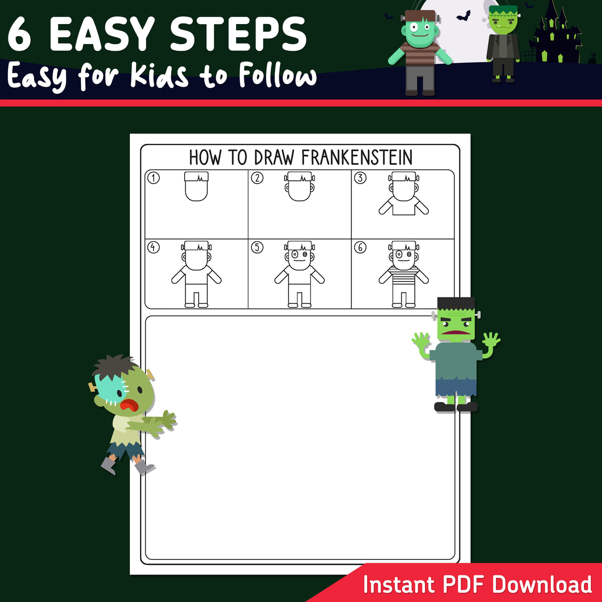 How to Draw Frankenstein, Halloween Directed Drawing, 6 Easy Steps for Kids, Monster Art Lesson, 5 Drawing Pages, 5 Coloring Pages, PDF Download