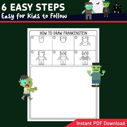 How to Draw Frankenstein, Halloween Directed Drawing, 6 Easy Steps for Kids, Monster Art Lesson, 5 Drawing Pages, 5 Coloring Pages, PDF Download